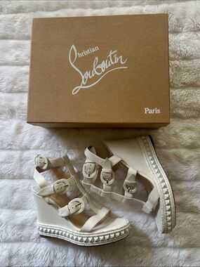 Christian Louboutin Cream Multi-Buckle Studded Wedge Sandals